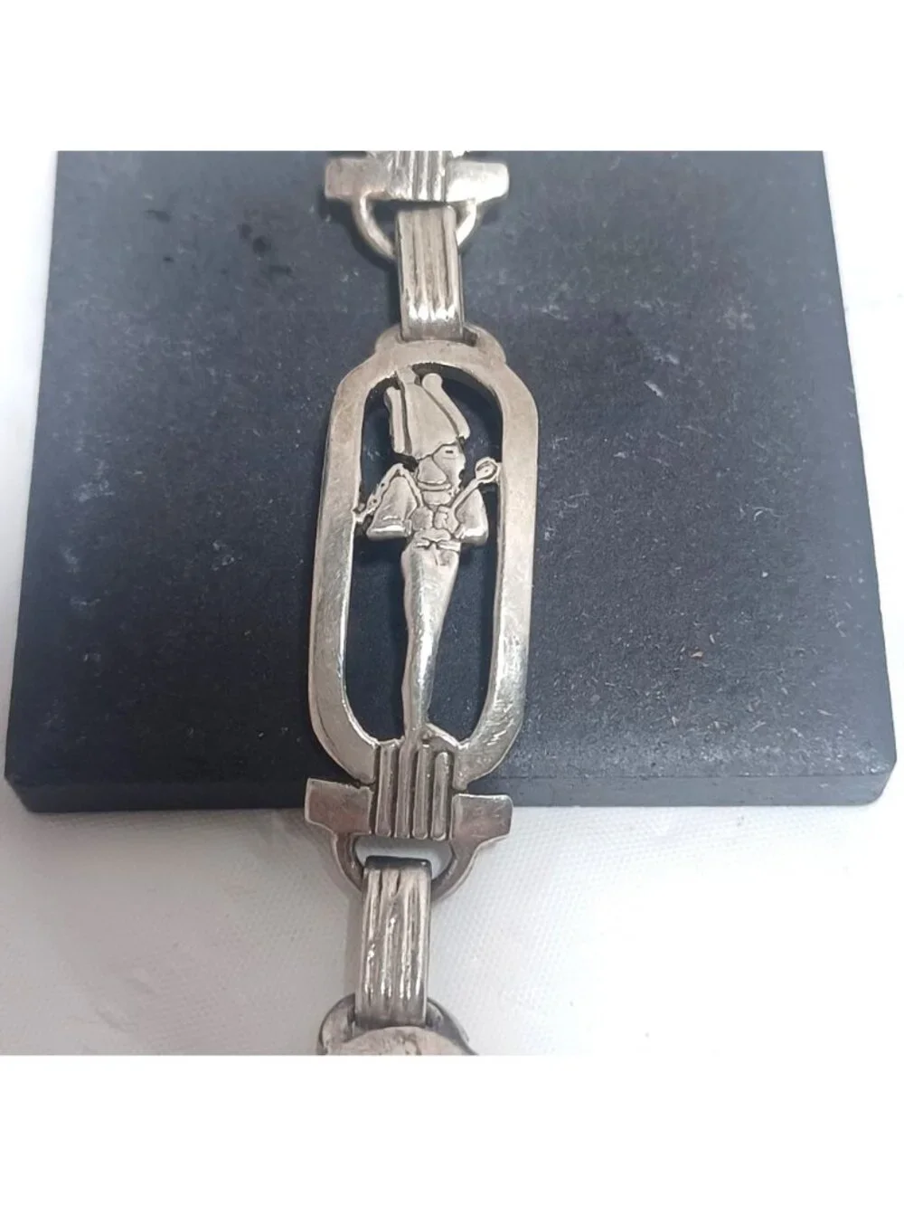 925 Sterling Silver Vtg Egyptian Hieroglyphic Storyteller Panel Link Bracelet
